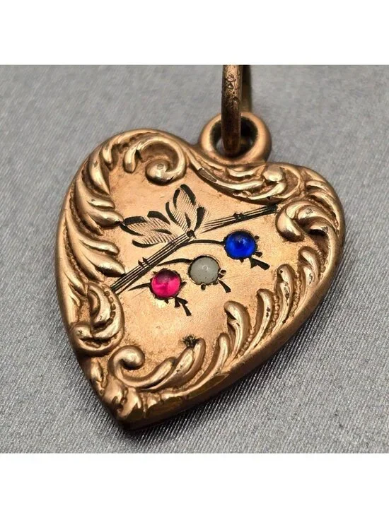 Antique Puffy Heart Charm Gold Filled Repousse Glass Paste Stone Pendant - Picture 2 of 8